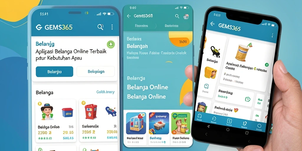 Antarmuka GEMS365 yang sederhana dan menarik untuk belanja online.