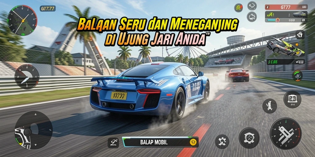 Tampilan antarmuka GT777 saat balapan dengan detail mobil yang tajam.